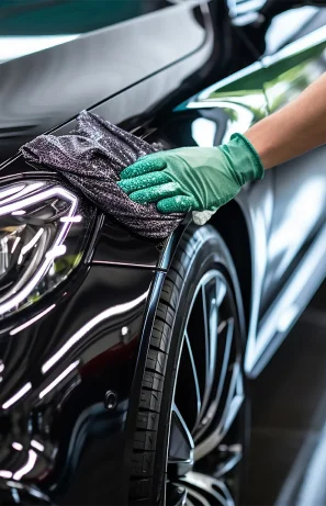 Main gantée nettoyant la carrosserie noire brillante d'une voiture avec un chiffon à Brou en Eure-et-Loir 28